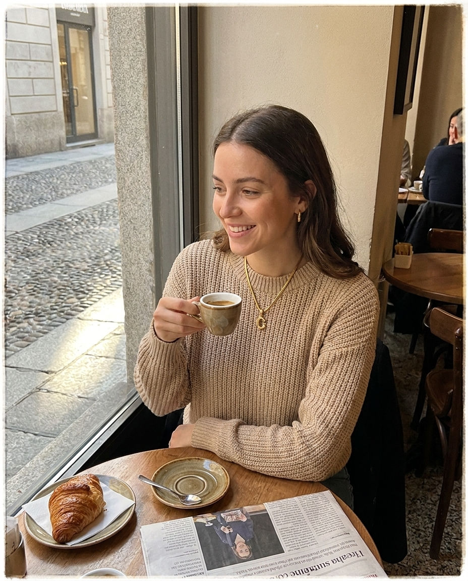 Collana Alma indossata al bar, luce naturale del mattino