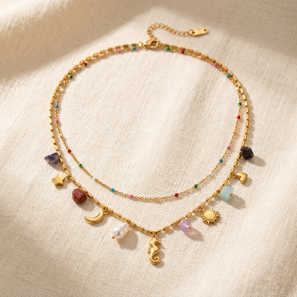 Collana Riva doppia: perline smaltate colorate sul filo corto, charm sul filo lungo