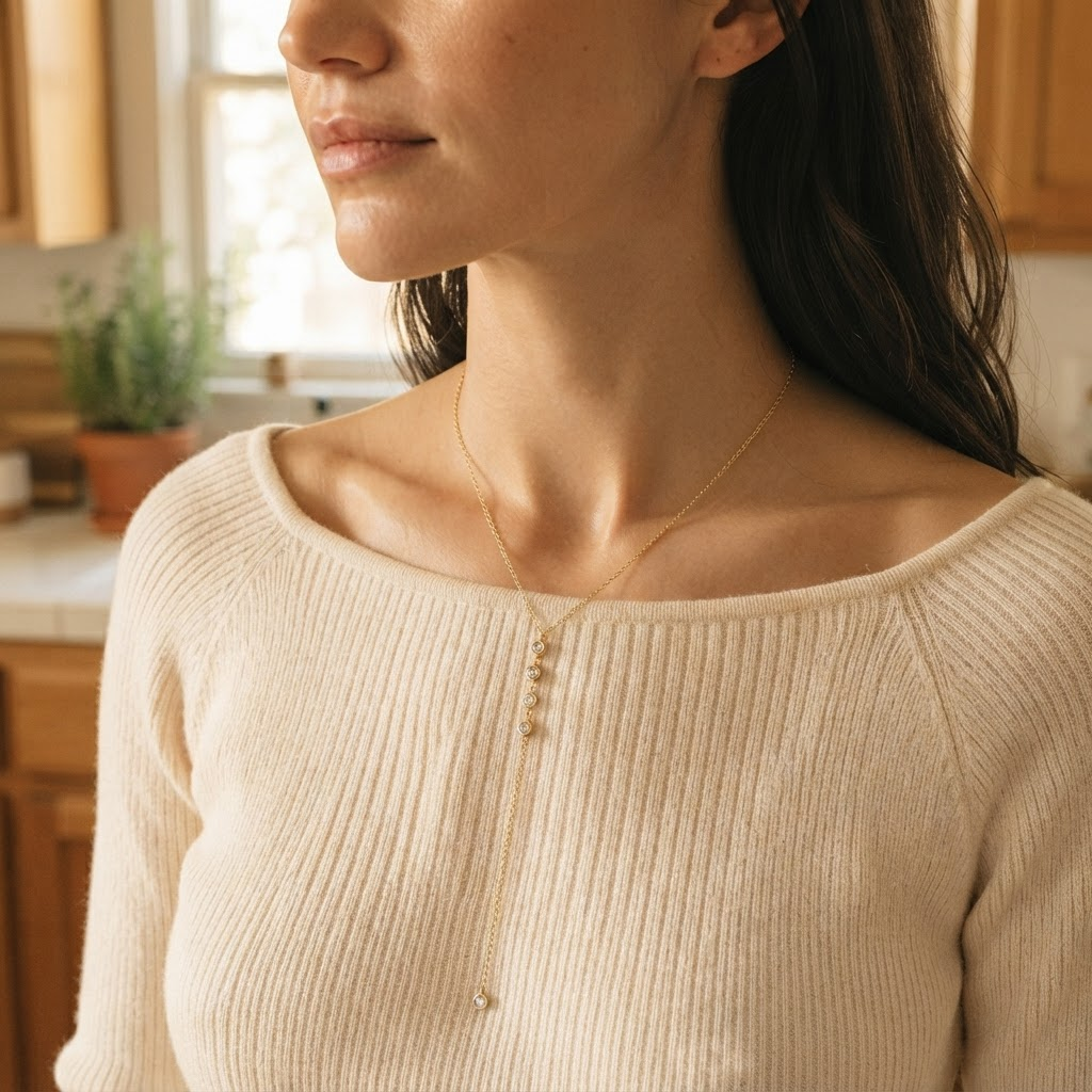Collana Lia indossata su una maglia color panna: i quattro zirconi in colonna e il filo che scende